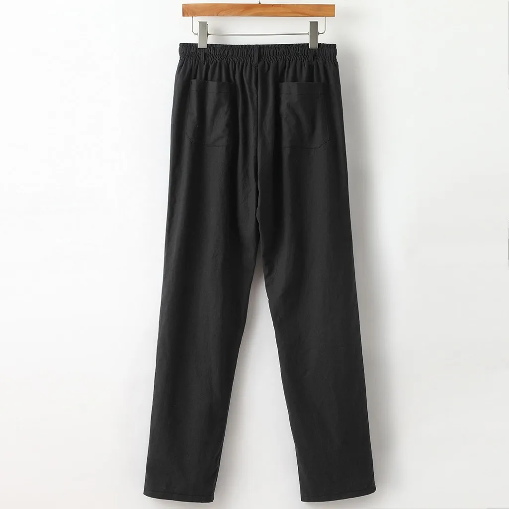Men's Casual Linen Breathable Loose Long Pants Solid Color Straight Trousers High Quality Casual Travel