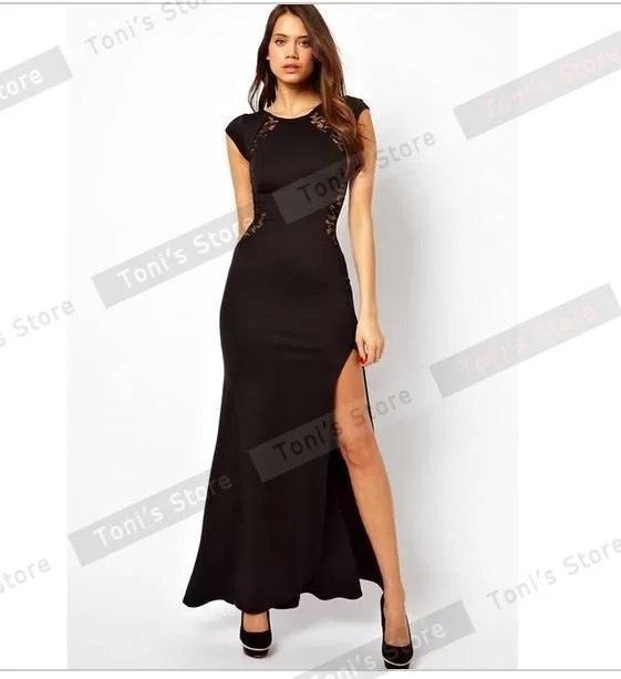 Хорошее-навсегда прозрачное кружевное платье с разрезом элегантное женское модное сексуальное платье без рукавов тонкое Макси сексуальное платье с высоким Боковым Разрезом BTY731 - Цвет: black