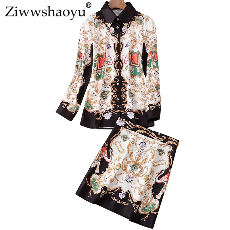 

Ziwwshaoyu Vintage Print Sets Long sleeve Turn-down Collar shirt + High waist Mini skirt Two-piece suit new women's
