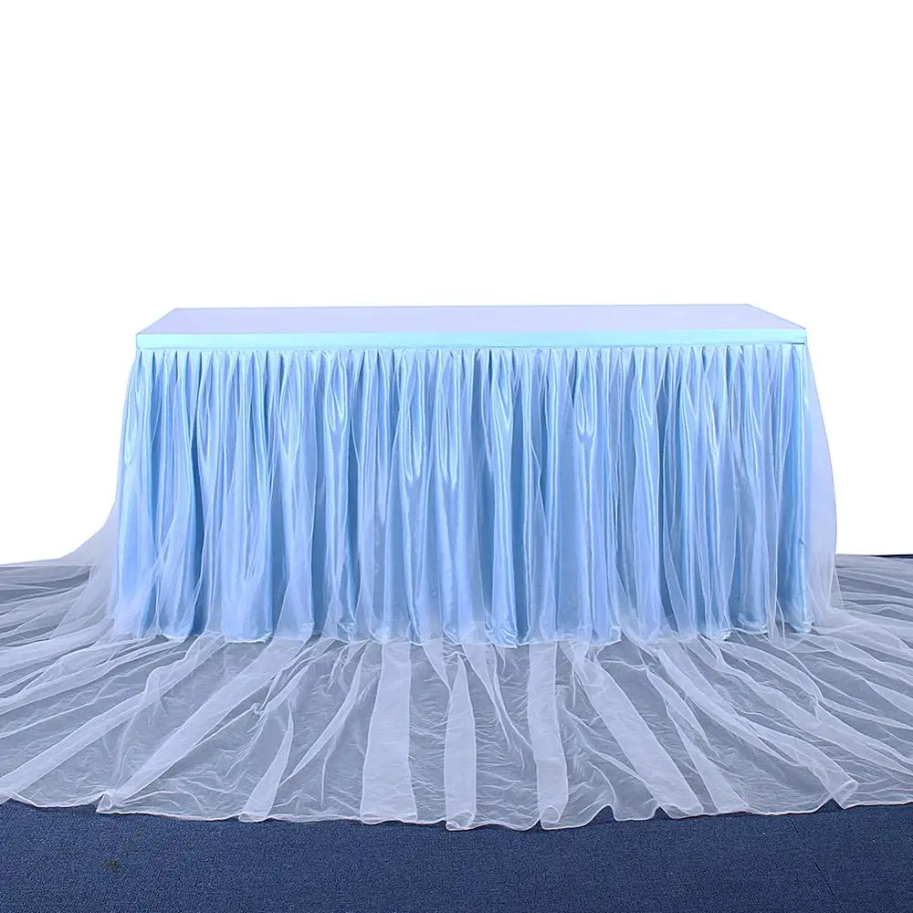 6ft/9ft/14ft Thread Ribbon Tulle Table Skirt For Party Wedding Decoration White Pink Blue 3 Colors To Choose