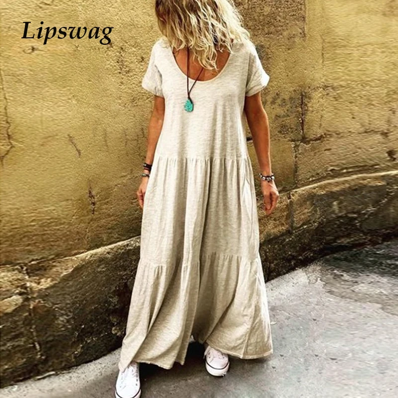 

Lipswag Women Summer Ruffles Party Maxi Dresses 2019 Casual O-neck Vestidos Dress Loose Solid Color Pleated Plus Size Sundress