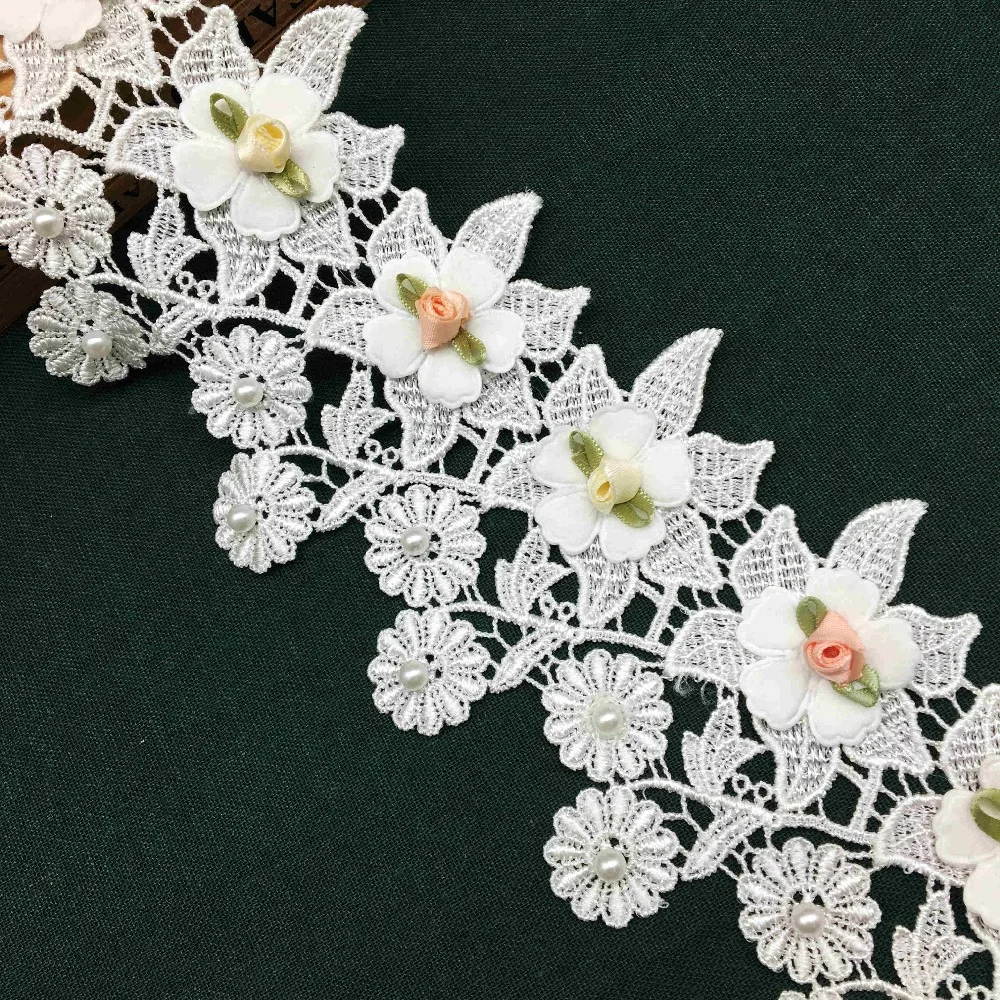 1Yd White Beaded Lace Trim Mesh Ribbon Sewing Applique for DIY Costume Craft