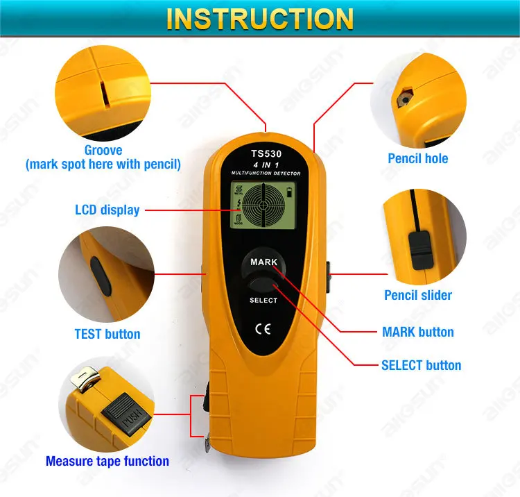 Все солнце TS530 4 в 1 супер детектор цифровой многофункциональный металлоискатель AC напряжение/шпилька прожектор и паз 2 м измерительная лента внутри