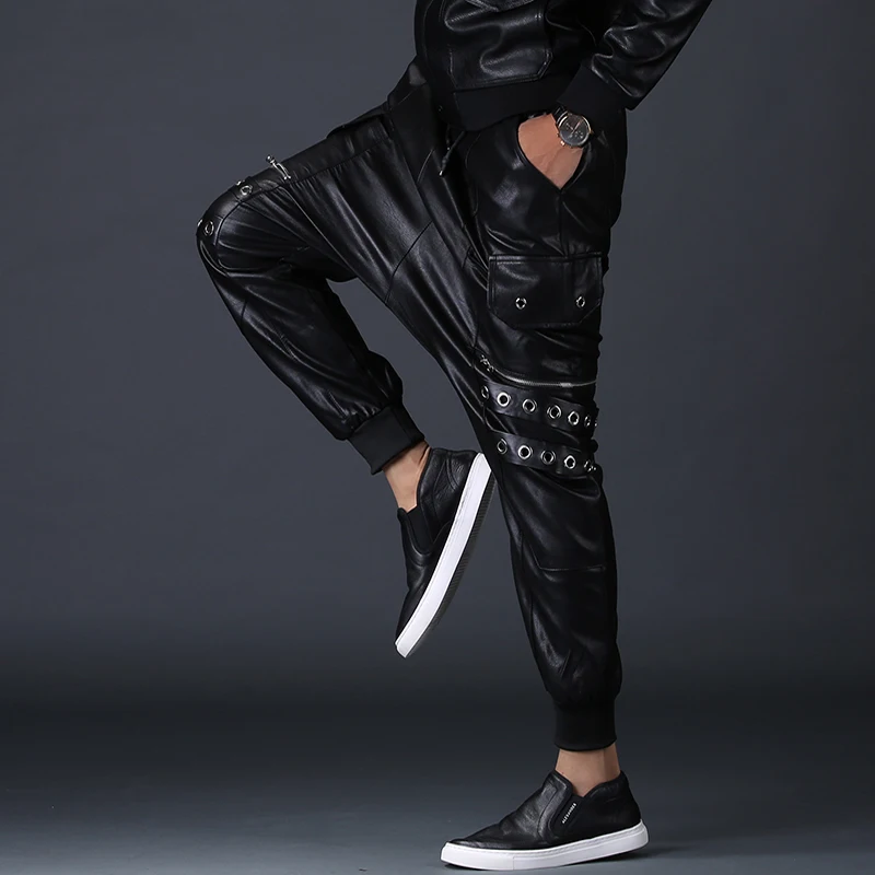 2019 брюки из искусственной кожи мужские с заклепками Jogger ПУ шаровары падение