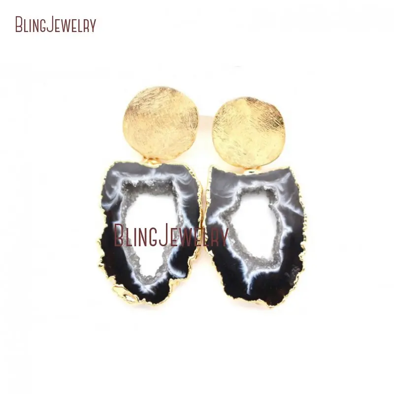 

Black Agates Druzy Drussy Geode Stud Earrings Bridesmaid Jewelry Gold Filled Disc Post Stud Earring ER22160