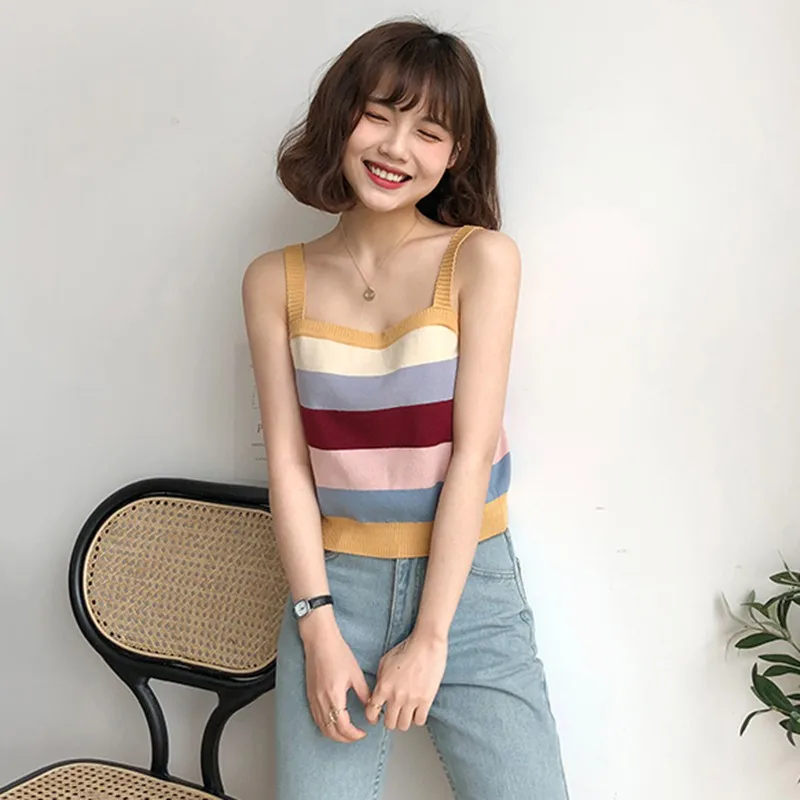 019 new Causal Knitted Striped Cami Tops Summer Beach Wear Sexy Vest Female Fitness Sleeveless Basic Camisole