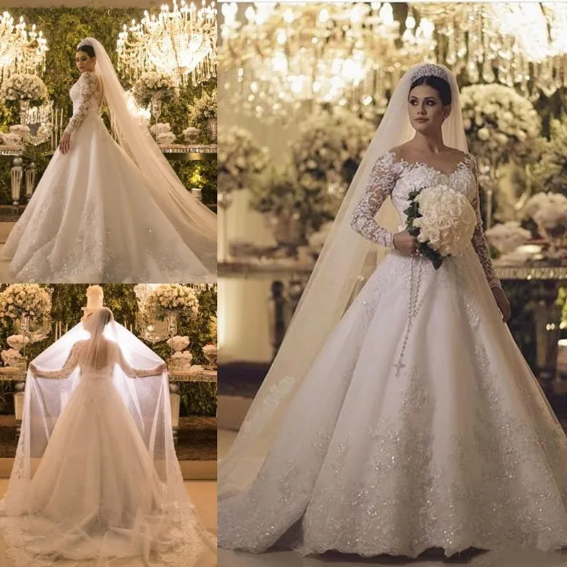 

High Quality Tulle Satin Wedding Gowns with Lace Appliques Sparkly Sequins Illusion Back Covered With Buttons Sheer Neck Vestido