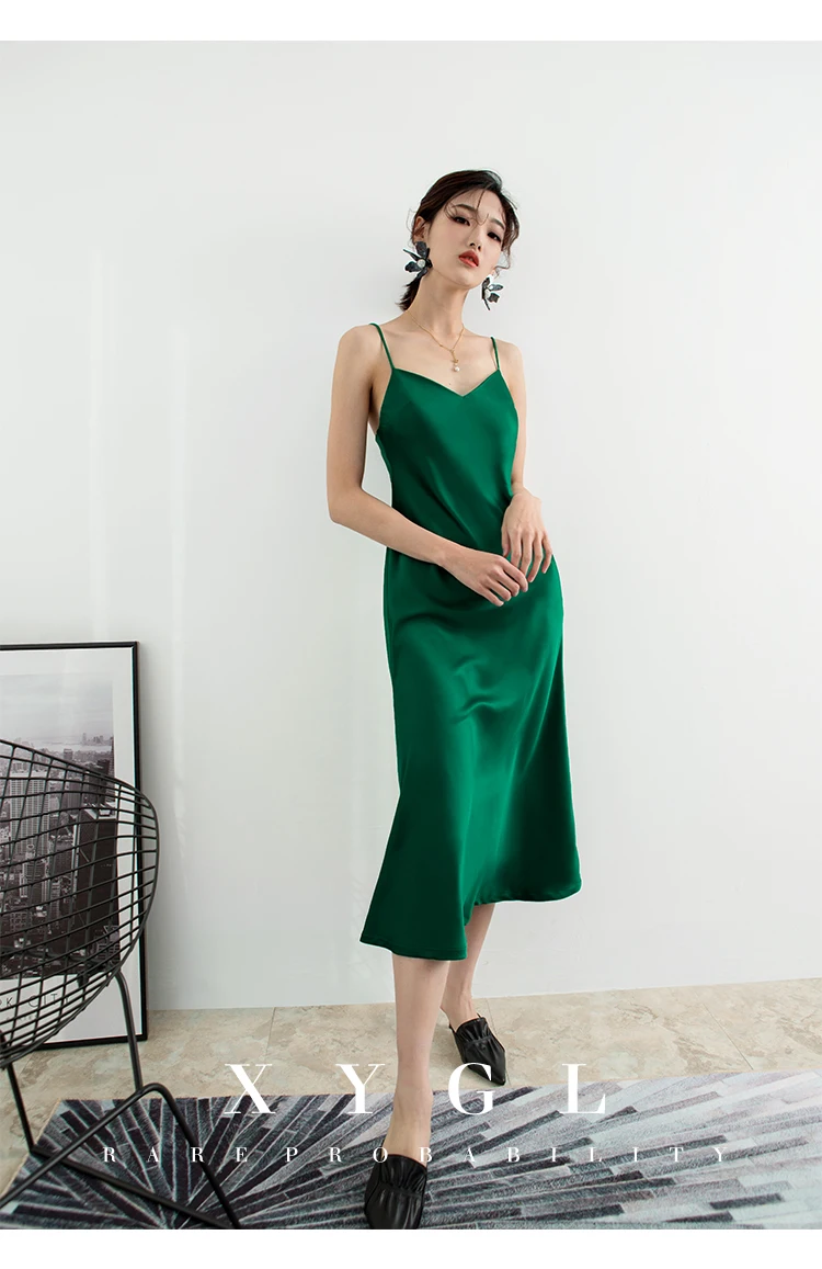 Cakucool Summer Satin Slip Dress Spaghetti Strap Vintage Slim Vestido Brief Elegant Beach Mid Long Silk Dresses Sundress 5color