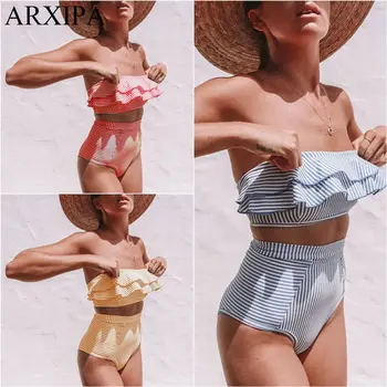 

ARXIPA Sexy Ruffle Bikini Set High Waist Women Swimsuit Bandeau Swimwear Striped Tube Crop Top Beachwear Double Flounce 2019 New