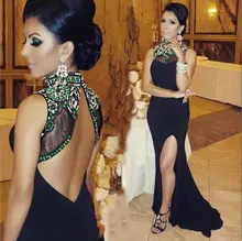 Elegante High Neck Strass Abendkleid Open Back Vorder Split Chiffon Sexy Black Trompete Brautkleider