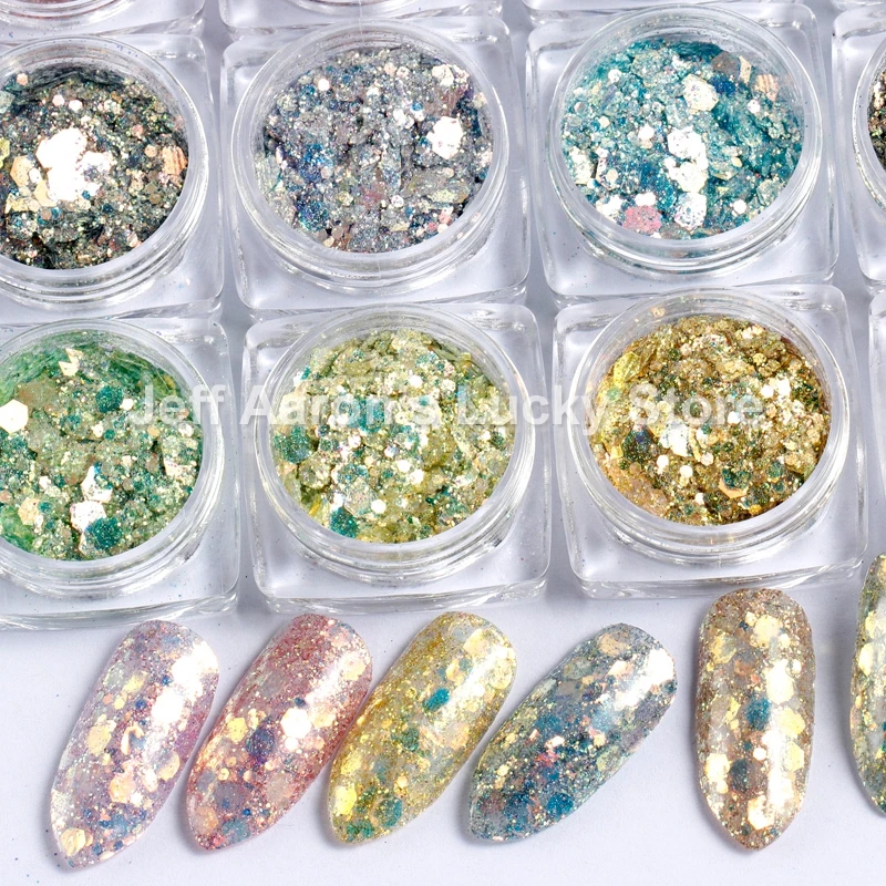 

12 Colors Hexagon Nail Sequins Colorful Flakes Glitter Gel Nail Polish Powder Dust Nail Sequins For Nail Art Decorations