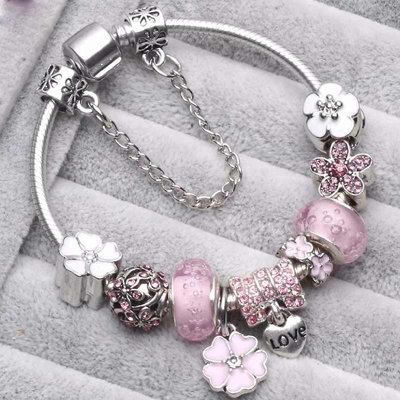 

TOGORY New Fashion Grystal&Glass Sunflower Dangles Charm Bracelet Fit Snake Chain DIY Fine Bracelet for Women Jewelry Gift