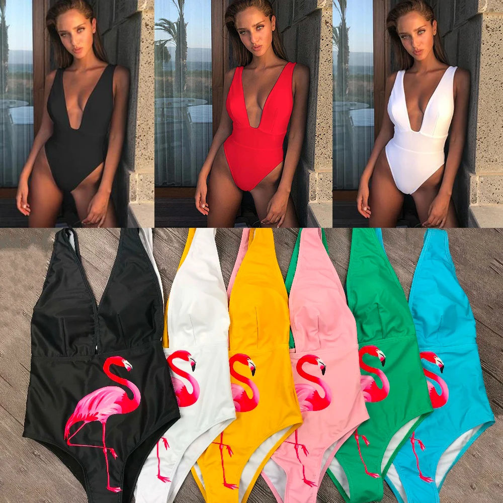 Sexy Multicolor bird print V Neck Push Up Padded High Waist One Piece swimsuit Swimwear Women Bodysuit Bathing SuitMonokini