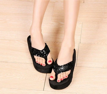 

Black Summer beach sandals for women Rhinestone Crystal Wedges Flip Flops Shoes Woman slippers Sandalias Plataforma Chanclas