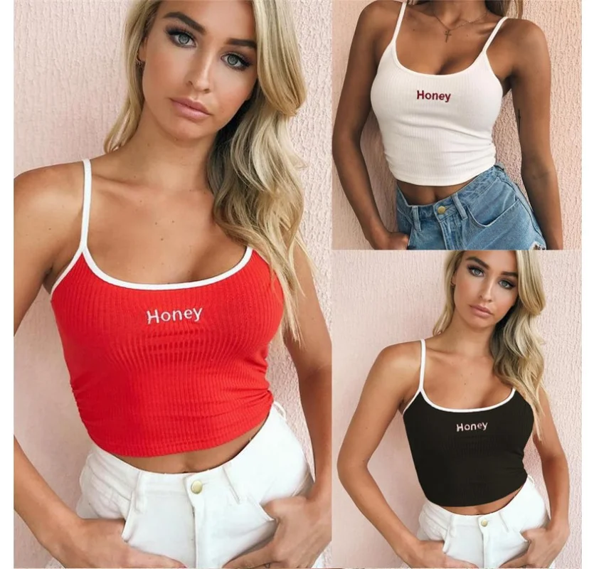 

2019 Sexy Women Letter Embroidery Tanks Vest Crop Top Summer Sleeveless U-Neck Beach Women Sports Tank Tops