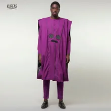 Kureas африканские мужские Дашики комплект из 3 предметов деловой костюм фиолетовый Agbada Африканский халат с широкими рукавами модный формальный наряд