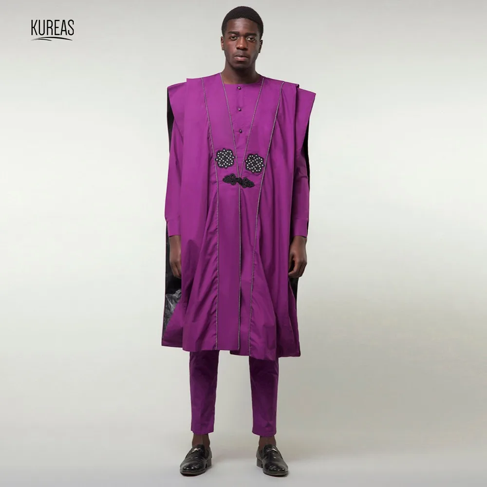 

Kureas Africa Men Dashiki Set 3PCS Business Suit Purple Agbada African Wide-sleeved Robe Fashion Formal Attire