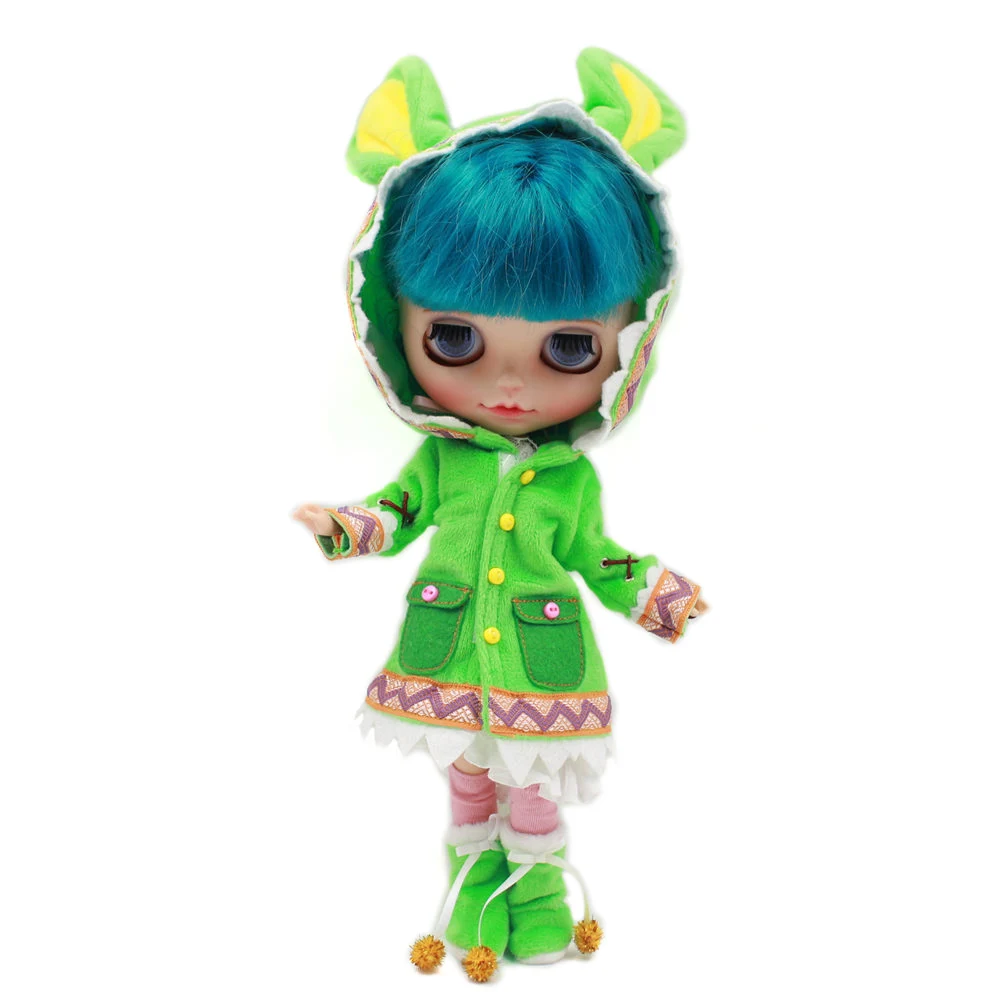 

Outfit for Blyth doll Green Dinosair Coat and shoes with white dress and socks for 1/6 Doll BJD NEO
