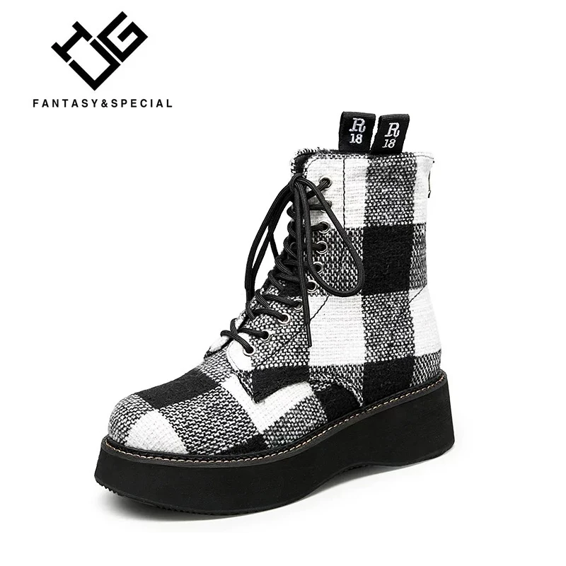 

IGU Ankle Boots For Women Boots For Females Harajuku Martin Boots Women Lattice Black White Fur Shoes Botas Femininas De Inverno