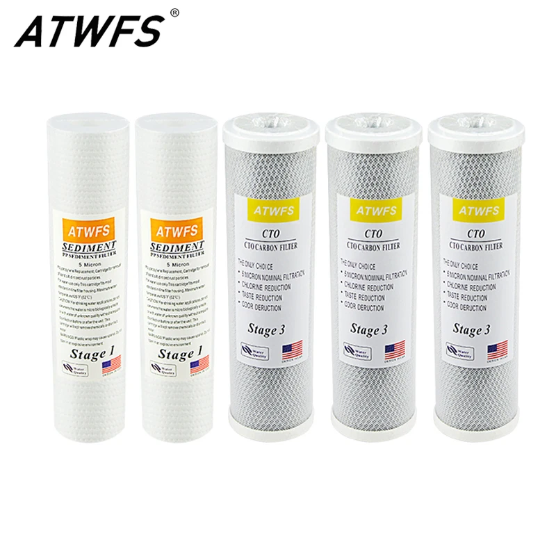 

ATWFS Water Filter Cartridge for Reverse Osmosis Filter 2pcs 5 micron filter ppf +3pcs CTO carbon cartridge