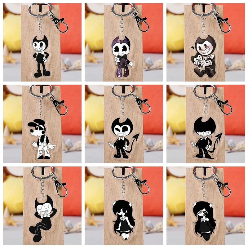 

10 Style Bandy & Ink Maker Doll Keychain Acrylic Twoside Print Black Cartoon Figures Keyrings Portachiavi Children Toys Gift
