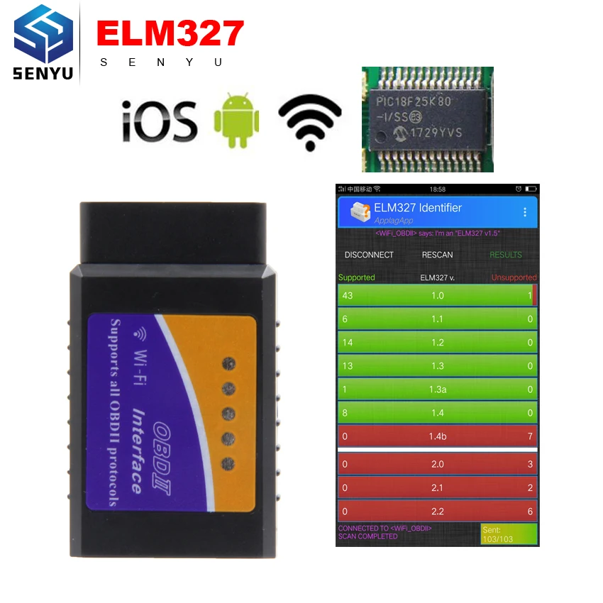 

Elm327 V1.5 WIFI OBD II OBD2 Auto Scan Tool ELM327 1.5 Wifi Diagnostic scanner Supports For Android / IOS With PIC18F25K80