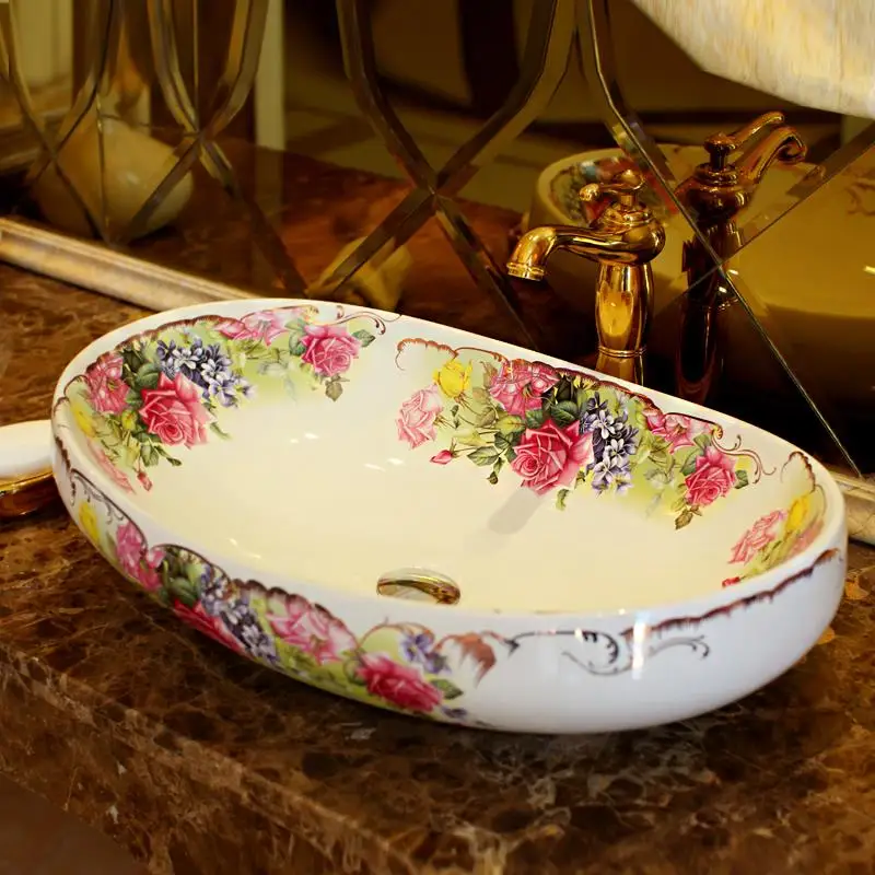 Big Flower pattern porcelain bathroom vanity bathroom sink bowl countertop Oval Ceramic wash basin bathroom sink Big Flower pattern porcelain bathroom vanity bathroom sink bowl countertop Oval Ceramic wash basin bathroom sink