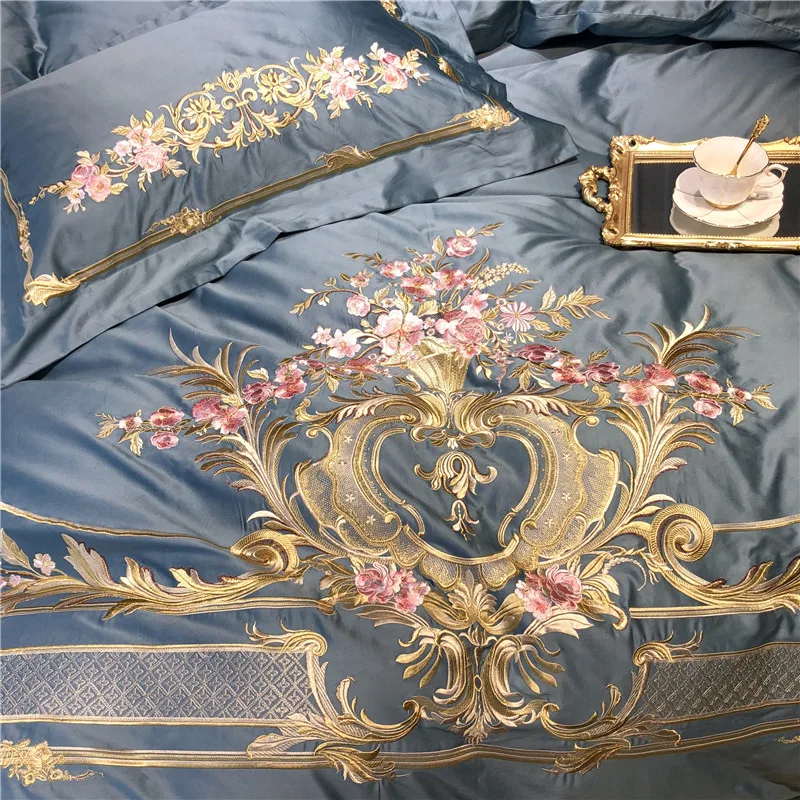 Clearance Champagne Blue White Luxury Royal Embroidery 100S Egyptian Cotton Palace Bedding Set Duvet Cover Bed sheet/Linen Pillowcases 50