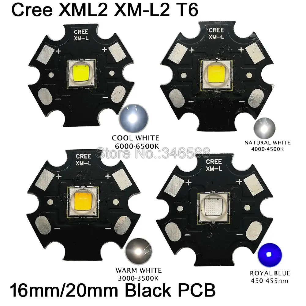 

5x CREE XML2 XM-L2 T6 Cool White 6500K Neutral White 4500K Warm White 3000K High Power LED Emitter 16mm 20mm Black Aluminum PCB