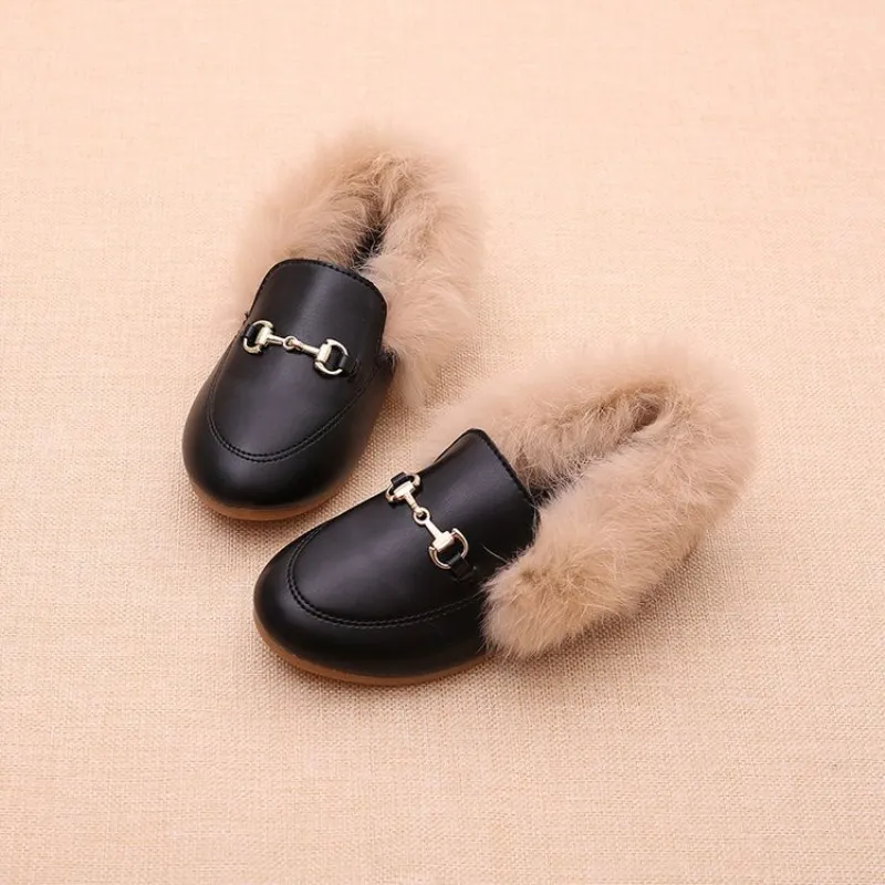 

2018 Winter Child Butterfly Fashion Hot Children Leather Rabbit hair PU Loafer Baby Girl Party Princess shoes