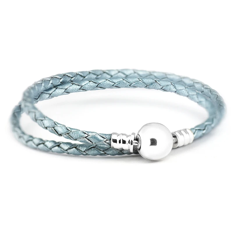 

Light Blue Single and Double Leather Bracelet 100% 925 Silver Ball Clasp Bracelets for Women Men Gift Fit Charm Beads DIY PLR502