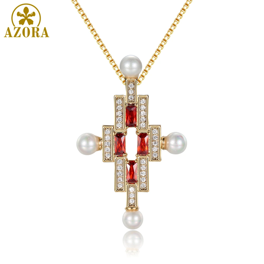AZORA Красный кубический цирконий крест жемчужное ожерелье для женщин золото короткое ожерелье с подвеской Роскошные массивные ювелирные изделия TN0277