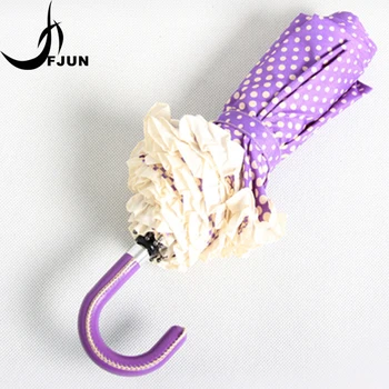 

New fashion princess three folding umbrella Korean creative small pure and fresh men women umbrella Lace Hook Polka Dot parasol