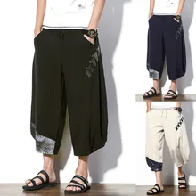 Летние мужские повседневные тонкие спортивные брюки длиной до икры льняные широкие брюки шаровары высокого качества W426