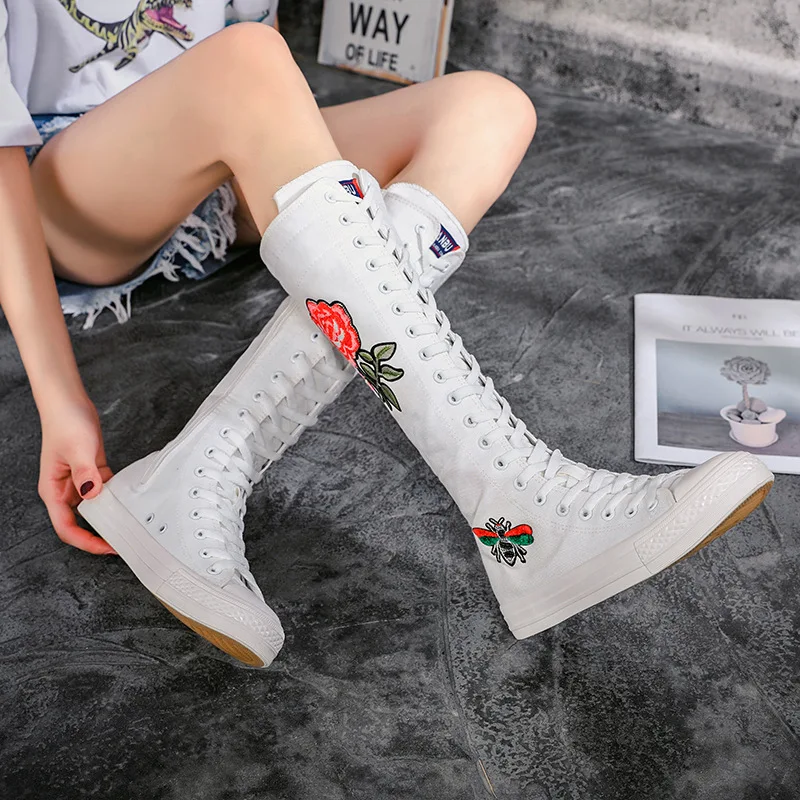 

Casual Canvas Shoes Women Mid-Calf Boots High-top Fashion Side Zipper Lace Up Ladies Embroider Shoes Footwear Plus Size 34-43