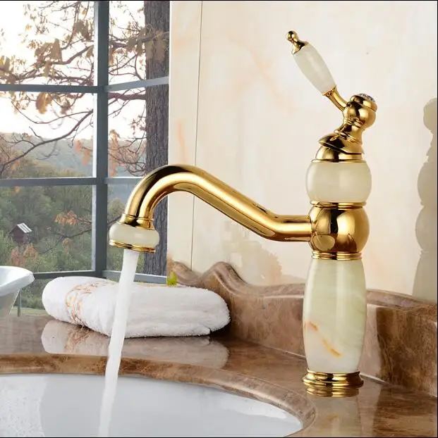 Free Shipping Water Faucet Gold Brass & Jade Basin Faucet Hot and Cold Basin Mixer Luxury Bathroom Sink Faucet Mixer Tap