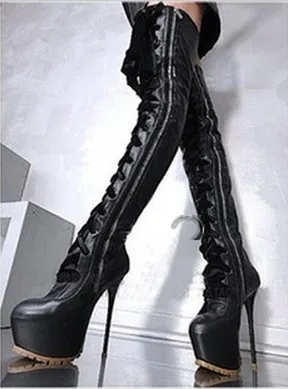 Fashion Women Lace-up High Platform Over Knee Boots Round Toe Ultra High Heel Thigh High Leather Botas Sexy Stage shoes