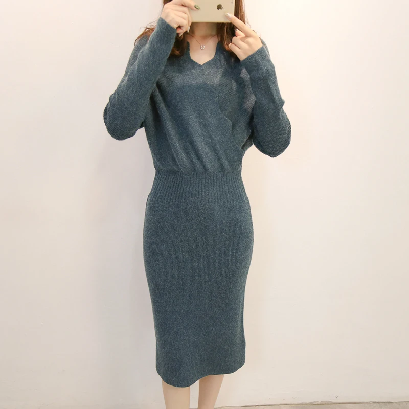 Automne Hiver Robe V coffee Col Hanche F472 À Femmes Green Tricoté Tricot bourgogne Paquet Manches Noir Chandail Robes blue ardoisé Sexy Slim Femme Longues Dame army A5dn7qRw