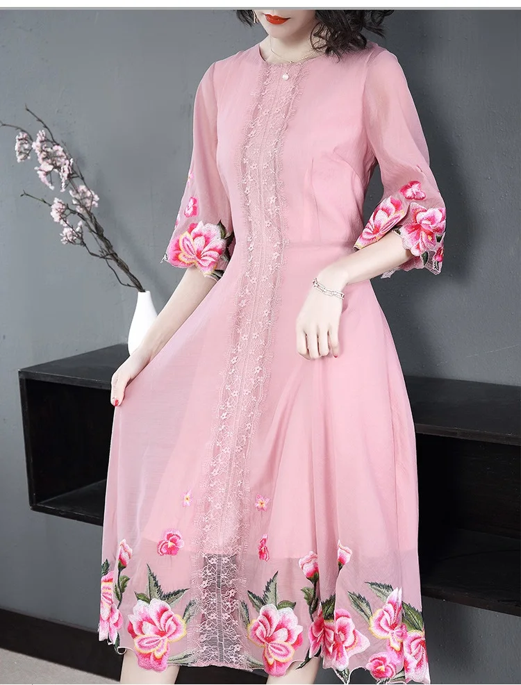 XXXL женское летнее платье Vestidos De Fiesta, новинка, высокое качество, женское платье с круглым вырезом и вышивкой, милое розовое платье