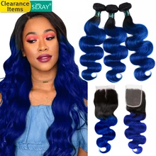 Sexay-mechones de pelo humano brasileño ondulado, con cierre de encaje, dos tonos, azul, con extensiones de pelo humano con mechones degradados con cierre