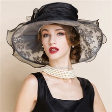 Kentucky derby sombreros para la fiesta del té de la vendimia vestidos de la iglesia sombreros para negro mujeres de ala ancha sombrero de organza chapeau femme de lujo sombrero
