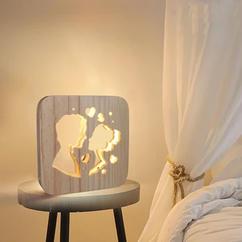 

Miumiu Love couple Craft Atmosphere Lamp Wooden Carved Hollow Night Light USB LED Baby Children Room Desktop Decoration