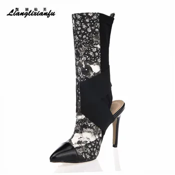 

LLXF Summer Knee-High Motorcycle Cool boots 10cm Thin Heels Shoes woman botas mujer Hollow out Pointed Toe pumps Plus:35-42 43