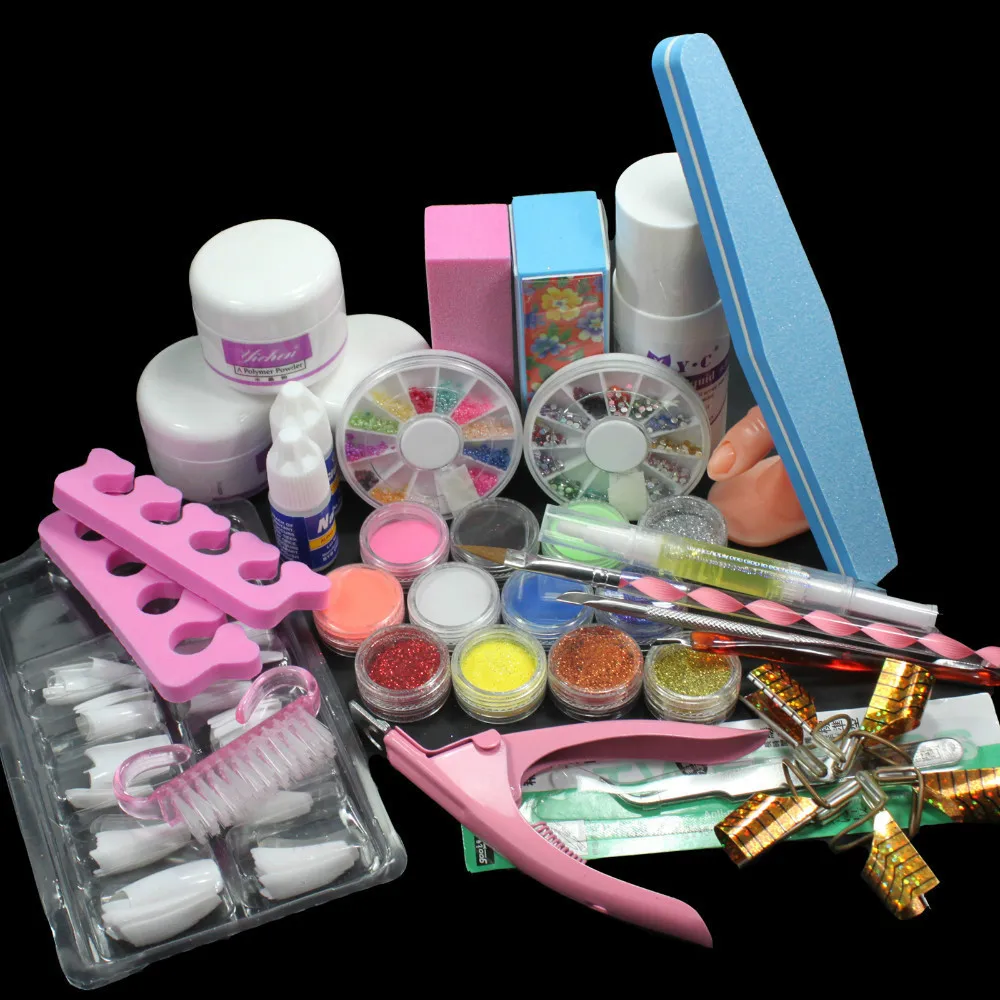 Nail Art Set Acrylic Liquid Glitter Powder File Brush Form Tips Tools
