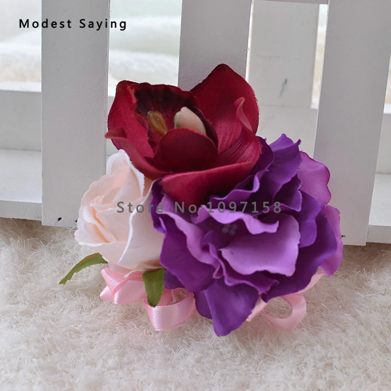 Модные фиолетовые искусственные розы для свадьбы свадебные наручные корсажи 2017 невесты сестры цветы Свадебная вечеринка Аксессуары