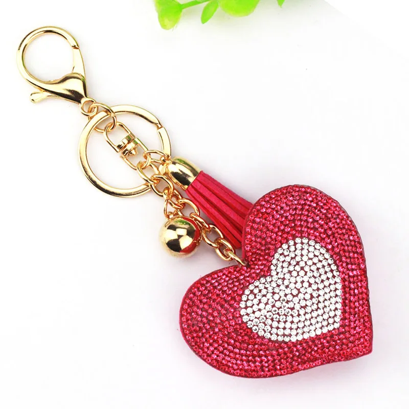 Double Color Rhinestone Leather Heart Keychain Women Bag Charm Golden