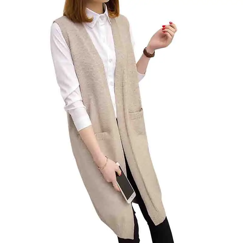 

2020 Korean Women Loose Solid color Long Coat Autumn Sleeveless Knitted Vest Fashion V-neck Lady's Sweater Cardigan waistcoat