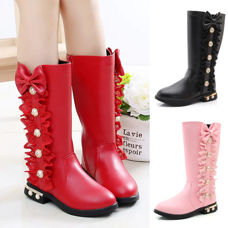 

2018 Winter Kids Boots Girls Boots Children High Bow Tie Shoes Girls Pincess Dress Boots Big Kids ShoesEUR21-37