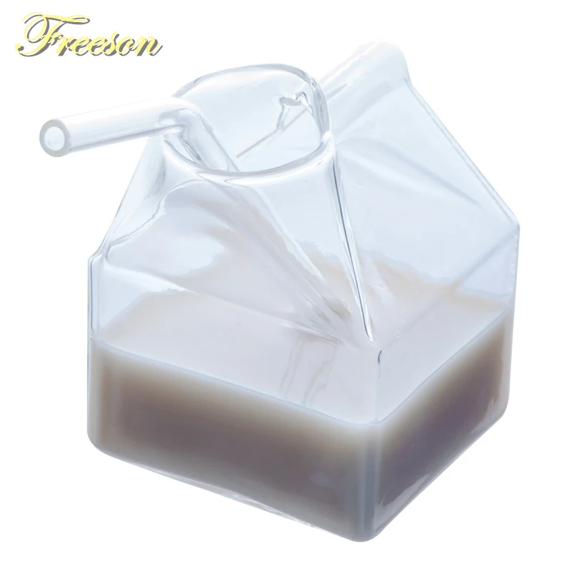 

Creative Milk Glass Cup 250ml Mini Milk Carton Creamer Funny Heat Resistant Glass Cup Cute Crystal Juice Morning Cup Dropship