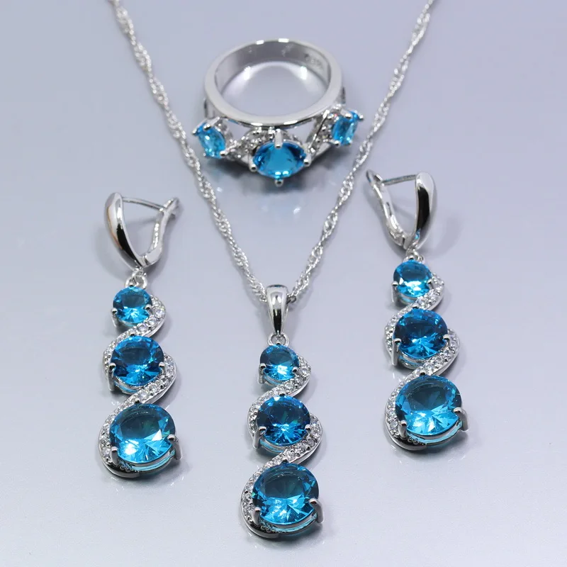 Набор ювелирных изделий из четырех частей 925 серебряного цвета, натуральные синие хрустальные длинные серьги кольцо ожерелье кулон браслет Z45